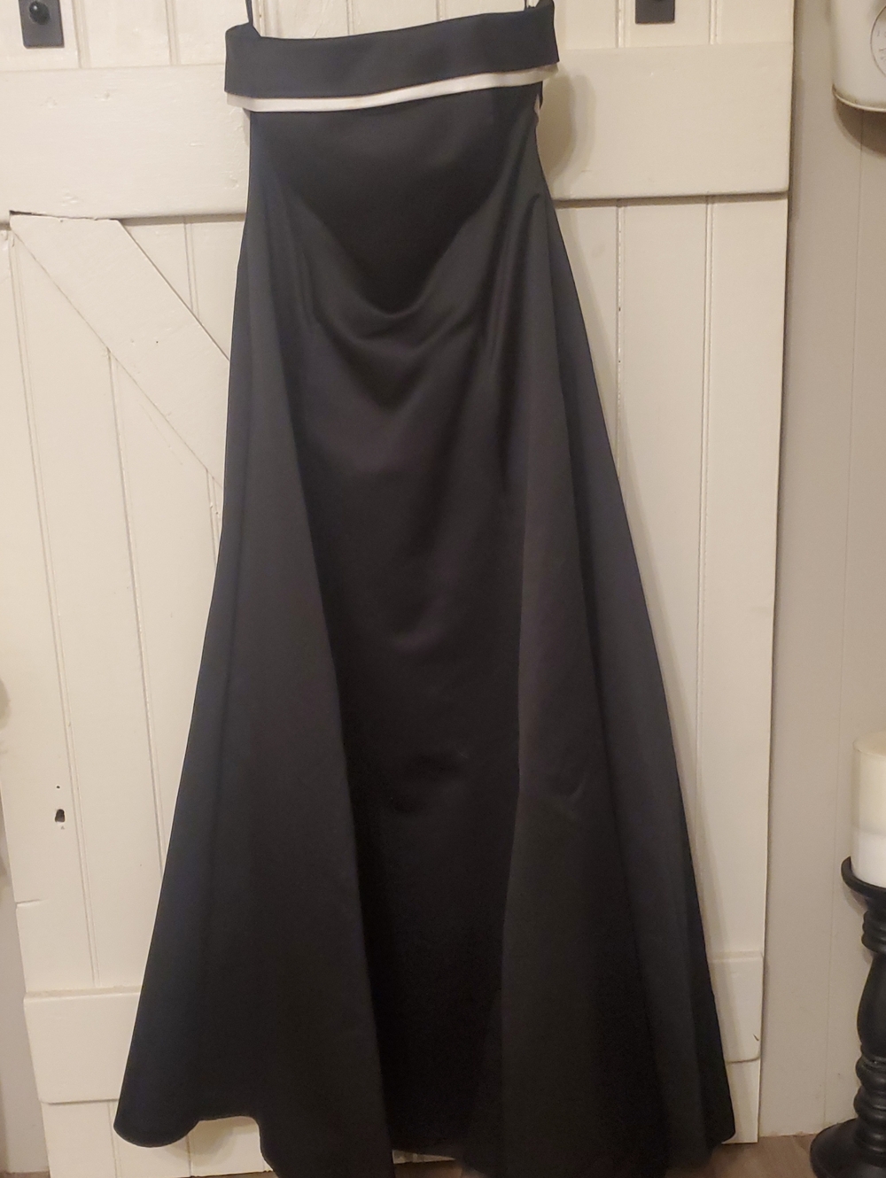 Classic Black Off-Shoulder Evening Gown with White Trim
